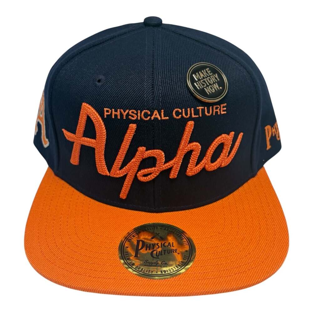 Physical Culture Alpha Snapback Hat Navy and Orange with Pin